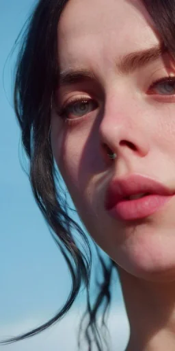 Billie Eilish, in a swimsuit, high detail, realistic, 8k, not to be distinguished from a photo, identical pupils