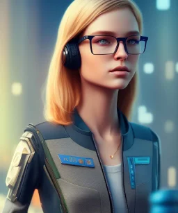 a young woman, BLONDE hair, green eyes, glasses, deep colors, cyberpunk, great pose, Realistic photography, incredibly detailed, ultra-high resolution, 8k, complex 3d render, cinema 4d, anatomically correct