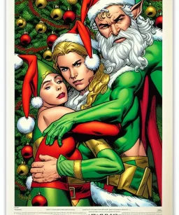 two elves. woman and man. Christmas scene. poster. marvel comic. low-key