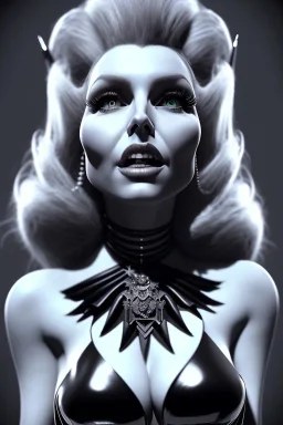 Rita Hayworth as evil queen in black leather, leather, busty, cleavage, angry, stern look. character design by cory loftis, fenghua zhong, ryohei hase, ismail inceoglu and ruan jia. unreal engine 5, artistic lighting, highly detailed, photorealistic, fantasy