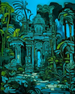 A teal jungle with a mysterious ruins in vorticism art style painted by Jean Dubuffet