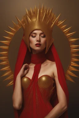 lady in red veils her face and has a large golden spiked crown, in the style of celestial fasion, otherworldly beauty, davide sorrenti, celestialpunk, album covers, fra angelico, aykut aydogdu, queencore, golden age aesthetics --s 750 --v 6. 0 --ar 10:13