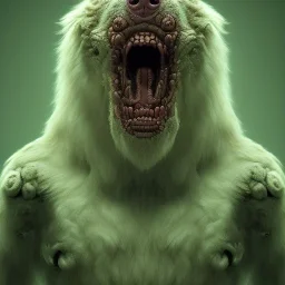 Dog, monster, green, horror, teeth, gore, blood, masterpiece, expert, 8K, hyperrealism, sharp focus, cinematic lighting