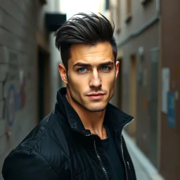 a hot man with messy black hair, blue eyes, confident demeanor, strong square jaw, wearing a black jacket, standing in an alleyway