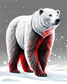 Art illustration lineal polar bear, nieve, calidad ultra, hiperdetallado, 12k, fondo blanco, color blanco, rojo, negro y marrón full body