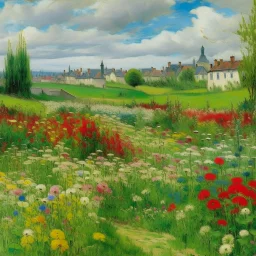A green grassy town with flowers painted by Claude Monet