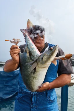 man with catfish shark head smoking a cigarrette in the style of mirayaki