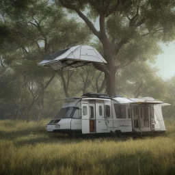 A recreational vehicle with solar panels and hanging from a tree