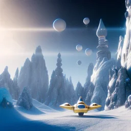 Spaceship landed on snowy mountain, sunny day. clear blue sky. gold. Elegant. Extremely detailed. Award winning photography. Fantasy. 8k. Cinematic lighting. Photorealistic. Dynamic lighting. Imperial colors. Crisp quality. Unreal Engine. Colourful cinematic postprocessing. Pixar. VRay.