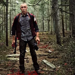 georges st pierre with a red plaid shirt, a backpack and a rifle in a creepy forrest with zombies