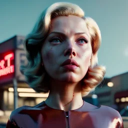 Ultra Realistic retro sci-fi movie explosion Supermarket parking scene, 1960 year, waist up view portrait, blonde woman, sweet scarlet Johansson face, perfect iris, glow eyes, face makeup, tight latex coat; many panic people looking, Retro sci-fi style, soft color, highly detailed, unreal engine 5, ray tracing, RTX, lumen lighting, ultra detail, volumetric lighting, 3d, finely drawn, high definition, high resolution.