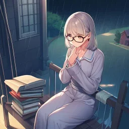 anime girl sitting on a porch swing of an old house, journaling, wearing pajamas, writing in a book, shes watching it rain, more detail on hands and her face,shes deep in her thoughts, wearing glasses, rain drops, she has a pencil in her hand and is writning in the book, she is looking down at what she is writing, lightning