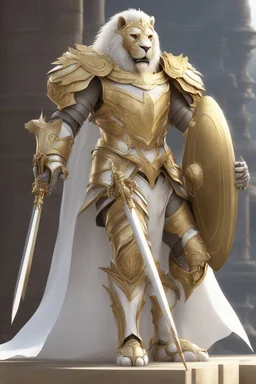 Humanoid lion knight wearing white and gold armor, wearing a white and gold cape, holding a large sword and shield