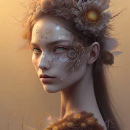 Portrait of beautiful girl, face dept of field,face shining, plant, metal, feathers,central weight average, CWA Dryad, fae, sidhe, ominous, nature, plants, wildflower sparkle,wildflower 3d view, facepaint, dnd character portrait, intricate, oil on canvas, masterpiece, expert, insanely detailed, 4k resolution, retroanime style, cute big circular reflective eyes, cinematic smooth, intricate detail , soft smooth lighting, soft pastel colors, painted Renaissance style,sharp fucus, bokeh,macro lens,