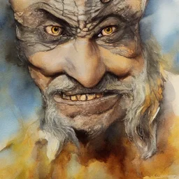 dungeons and dragons, fantasy, goblin, king, portrait, distinct face, ochre skin, watercolour, blue nose