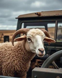 portrait of a mechanic with a hybrid mixed body part sheep, working on an old land rover in the countryside