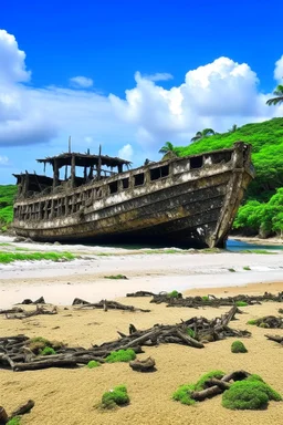A shipwreck on a beach that has a kuo-toa camp on it