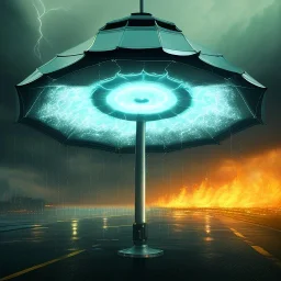 A giant umbrella. Big Open umbrella. open on a city street. Umbrella Fire. stormy day. lightning and storm clouds. Horizon. Dark sky, cascade, rain. Elegant. Extremely detailed. Award winning photography. Fantasy. 8k. Cinematic lighting. Photorealistic. Dynamic lighting. Imperial colors. Crisp quality. Unreal Engine. Colourful cinematic postprocessing.. VRay.