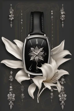 Black wristwatch Embellished with silver With a silver lily flower