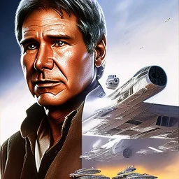 8k hyperspace background,complete and photo realistic detailed head to waist stunning, extrem photo realistic portrait of harrison ford as han solo in star wars with short lenght, Symmetrical, soft, fine, warm, photo realistic hair, brown eyes, professional majestic photo realistic painting by Ed Blinkey, Atey Ghailan, by Jeremy Mann, Greg Manchess, Antonio Moro, trending on ArtStation, Intricate, Sharp focus, rough skin,space outfit