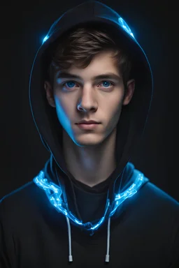 a portrait of the face of coder teenagre boy with black hoody with black background decorated with blue lights