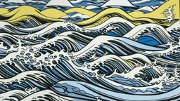 A grayish blue island with raging waves and sharks painted by Roy Lichtenstein