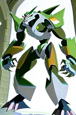 A new space creature from Ben 10 cartoon. Strong and graceful. Advanced metal. Magical power, precise detail and intense power Add "full body view" as a prefix. Use an aspect ratio (dimensions) that is mor vertical (3:4 vs 4:3), move the camera back ("extreme long range view"), move camera upward rather than being at hip height ("high angle view" or "eye-level view"). Describe her shoes or stance, as well as what you see over her head