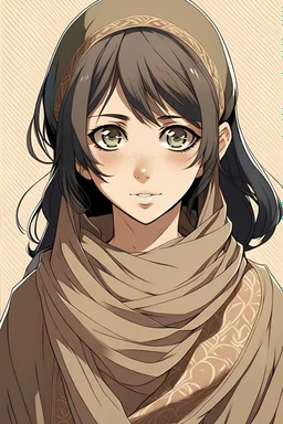 فتاه شعرها اسود ولديها عينان بنيه ترتدي ملابس عربية قديمه انمي