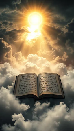 Sun light above swirling clouds, emerges from the heart of a raging storm. Turbulent winds of steam swirl around lit by shafts of sunlight that cast dramatic shadows on the A beautiful open book with Arabic words in the middle , High quality 16k cinematic scene and great photography