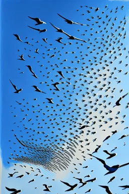 realistc drawing of a swarm of swallows in the blue sky.