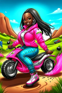 Create a digital airbrush cartoon of a curvy African American female wearing tight white jeans and a off the shoulder hot pink blouse. She is also wearing timberland boots. Prominent make up with hazel eyes. Highly detailed very long extremely braids of black hair. Her skin is smooth and silky. Background of a track of ATV riders.