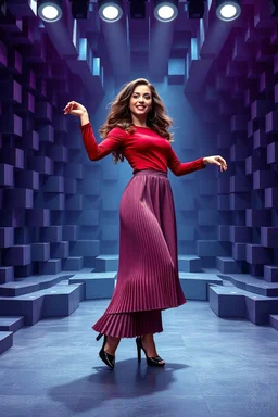 a pretty stage made of metallic blue-gray teme 3d recursive cubic and sphere base structures and a beautiful fashion model lady dancing with joy and cute ,with dark red decholte top and pretty pleated midi skirt ,makeup curvy long hair,dynamic camera zoom to full body and pan, dynamic lights.