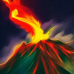 a multicolored dragon on a volcano on a ocean on fire that is red