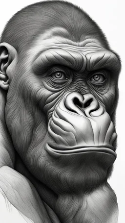 ππ§π€π’π₯π© highly detailed graphite illustration, A gorilla face with exaggerated anatomical features, heavily wrinkled skin, and an intense, contemplative expression. bald head, thick eyebrows, long beard merge into swirling abstract shapes. Large, expressive hands, one covering the mouth and the other gripping the forehead tensely. Mysterious, introspective, dreamlike, somewhat dark fantasy. #ππ§πart #prompt