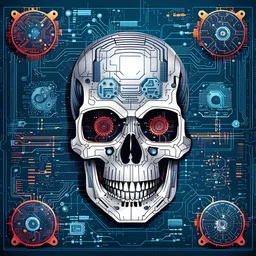 FLAT VECTOR LAYERED IMAGE OF CYBERNETIC SKULL PARTS IN A SCHEMATIC