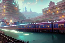 close up train+Elevated train+train+town on sea+sea+Italian colourful sea village +alphonse mucha, greg rutkowski,matte painting, cryengine, hyper detailed, felix kelly, fantasy art, seb mckinnon