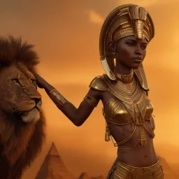 young african woman, short dark hair with golden highlights, ancient ((Egypt)),whole body, ancient armor, lion, golden jewelry, kente, flames as clouds, magnificent, majestic, highly intricate, incredibly detailed, ultra high resolution, complex 3d render,