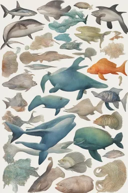 different variations of marine animals montage science book style