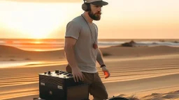 short beard man with cap, DJ play records ,full body, speakers, at beach, dunes background, sunset