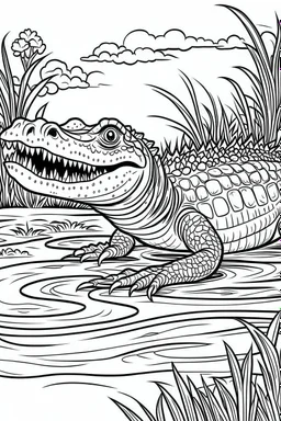 DRAW TO COLORING OF A CROCODILE ON A LAKE, BLACK AND WHITE CARTOON STYLE, LOW DETAILS, THICK LINES, NO SHADING LINES