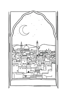Fenster Ausblick auf persische Stadt aus 1001 Nacht gerade Perspektive thin lines draw style