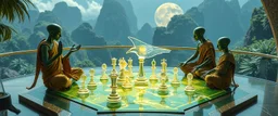 alien levitating yoga monk chess masters playing serious glowing chess on hex map in lounge on beautiful lush planet with huge transparent bird glass alien chess pieces of ships in fountain, also a endless twisted god piece