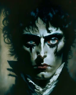 A haunting portrait of a supernatural creature, with piercing eyes that seem to gaze into the soul, and an enigmatic expression that hints at untold secrets, in the style of dark romanticism, dramatic lighting, rich colors, and evocative brushstrokes, influenced by the works of Caspar David Friedrich and Francisco Goya, exploring the darker aspects of the human psyche.