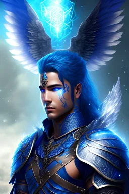 a person in runic armor with blue wings, blue short hair, runic tattoo and spell book, male