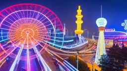 A police Tesla Cybertruck is chasing a Tesla 'Model S Plaid' at top speed, across 'Lotte World', in Seoul (South Korea). CINEMATIC. WIDE ANGLE LENS.