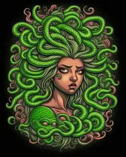 medusa tattoo design, traditional tattoo style, t-shirt design, fantasy art, digital painting, clean dark background, 8K