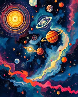 A stunning scene of a cosmic ballet, featuring celestial bodies, swirling galaxies, and shimmering auroras, in the style of abstract expressionism, bold color splashes, fluid shapes, and energetic brushstrokes, 13K resolution, inspired by the works of Jackson Pollock and Wassily Kandinsky, capturing the awe-inspiring vastness and beauty of the cosmos.