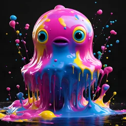 Pixar 3D animation style, ((A cute adorable melting mutant creature )), yellow, pink and blue colours, whimsical, fluid form, (Pop Surrealism); jelly-like, liquid like, amorphous, shape shifter, 3D animated character, playful colour splatter, ((black background)), depicted in the style of (Marc Quinn and Allie Brosh), photorealistic CG,covered in gooey syrup and a bubblegum blue goop, thick and glossy, topped with lots of rainbow sprinkles,, zbrush render, 8k,ray tracing, subsurface scattering