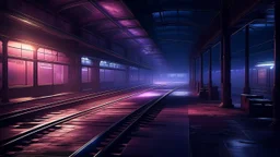 un andén de tren vacío, en cuando se encienden las farolas. Atmósfera haces de luz que entran por una ventana, rosas y violetas de neón. Técnica y estilo: óxido y polvo. Tema: la soledad.