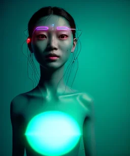 Ultra realistic photographic night portrait, cinematic, <Asian woman> many wires coming out of the head <perfect pupil><glow eye> <garage> <wide angle><x rays machine>, hot, retro futuristic dress <Helmut newton photo style>, neon lights, color fog, soft color, highly detailed, unreal engine 5, ray tracing, RTX, lumen lighting, ultra detail, volumetric lighting, high definition.